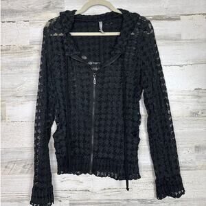 Maria Rerio womens Large long sleeve black lace zip up boho hoodie lightweight